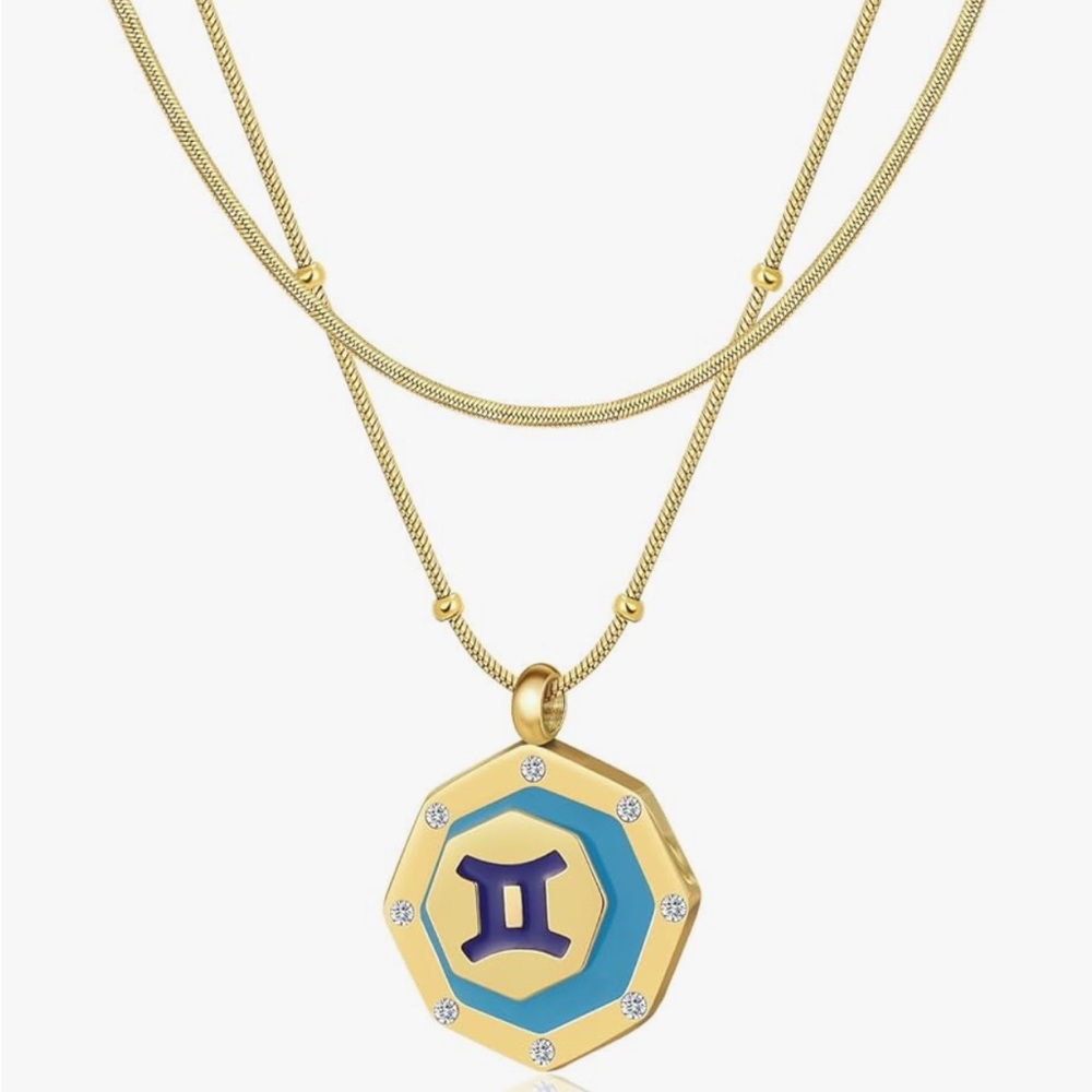 Gemini- Gold Enamel CZ Zodiac Pendant
Beaded Chain Necklace + FREE Snake Chain